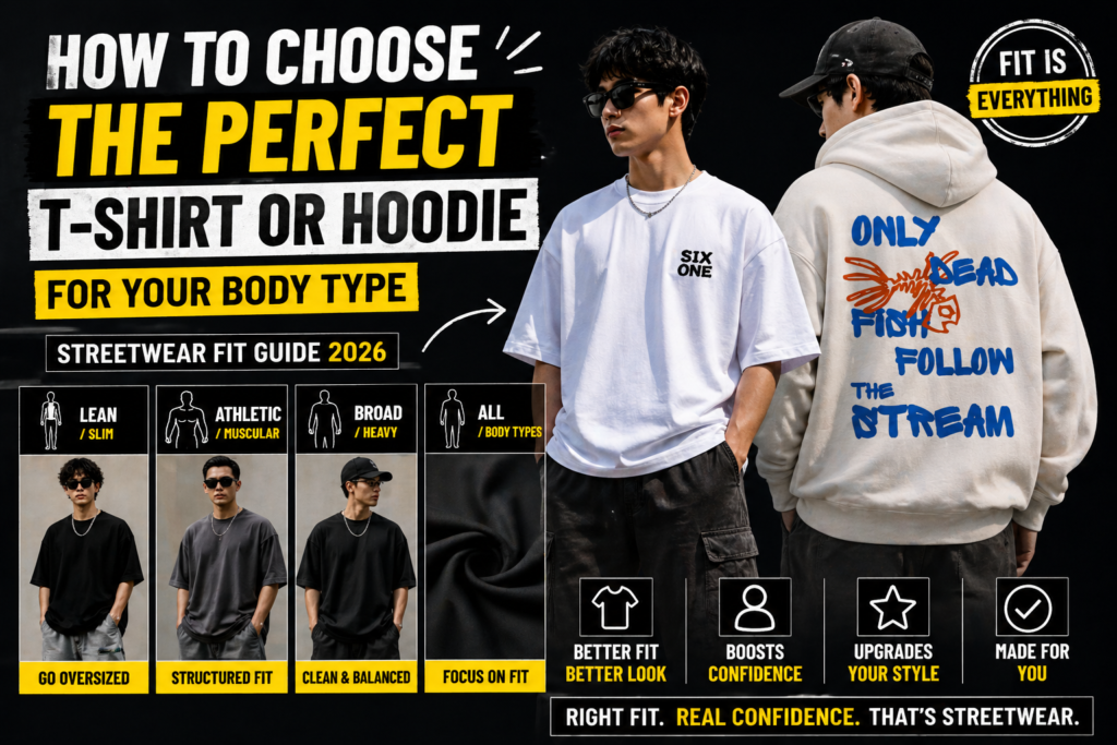 Learn how to choose the perfect t-shirt or hoodie for your body type. Streetwear fit guide 2026 for better outfits, confidence, and style.