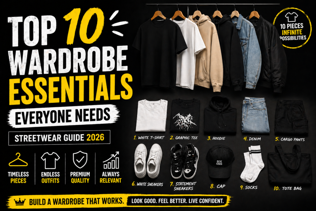 Discover the top 10 wardrobe essentials for 2026. Build a premium streetwear wardrobe with perfect fit, quality basics, and timeless style pieces.