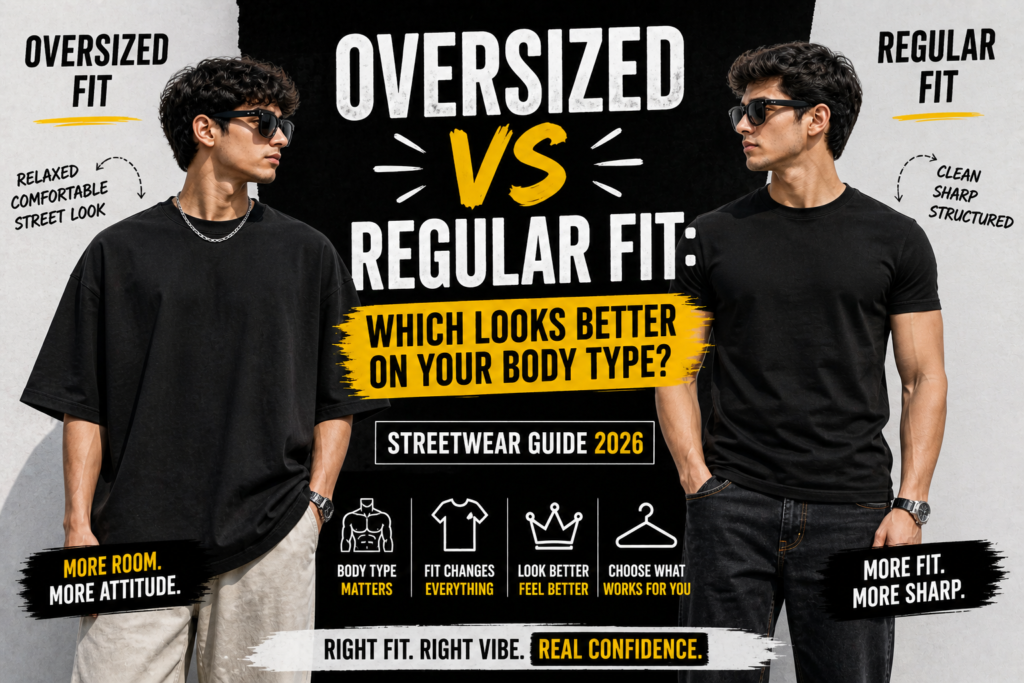 oversized vs regular fit, t shirt fit guide, casual tshirts, streetwear trends 2026, oversized tshirt styling, how to choose t shirt, body type fashion, streetwear outfit guide