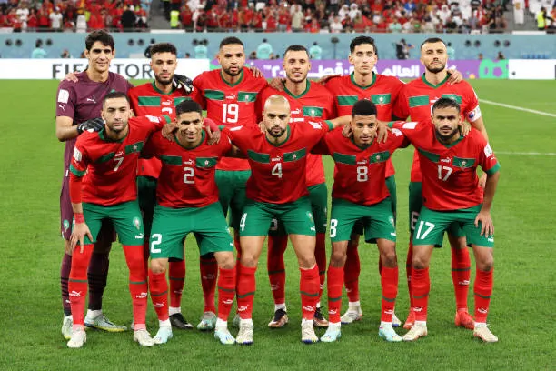 Morocco players celebrate their penalty shootout win over the Netherlands at the 2026 FIFA World Cup