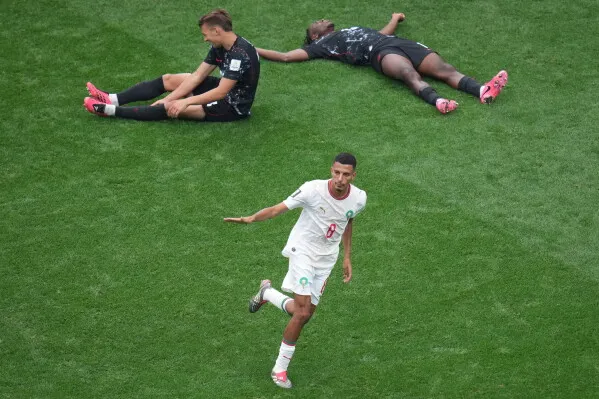 Morocco players celebrate their Round of 16 win over Canada at the 2026 FIFA World Cup